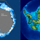 Left: Antarctica in November 2017, with sea ice concentration indicated in white and median sea ice extent in orange. Right: Deglaciated Antarctic topography. A passageway is visible between the Weddell sea east of the Antarctic Peninsula, the Amundsen sea west, and the Ross Sea further west. Images: National Snow and Ice Data Center, Wikimedia Commons